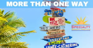 There is more than one way illustrates multiple signs pointing in multiple directions with Specialty Screen Printing logo displayed. Blue background with a palm tree and colorful signs pointing many directions